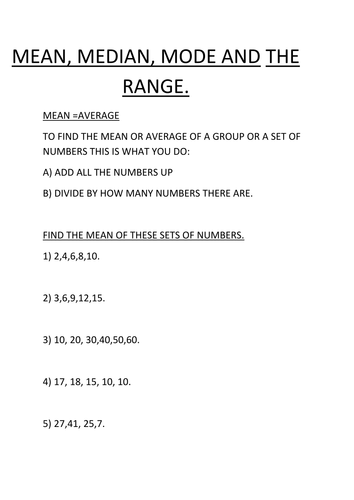 Mean, Median, Mode and the Range worksheets | Teaching Resources