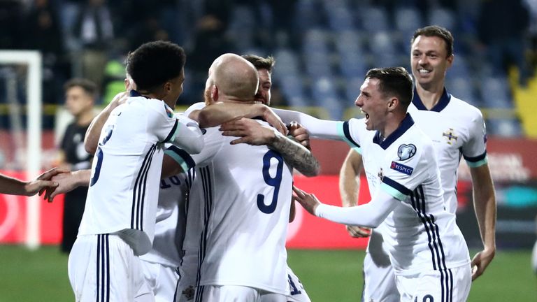 SARAJEVO, BOSNIA AND HERZEGOVINA - OCTOBER 08: Northern Ireland players celebrate a penalty shootout victory after  UEFA Euro 2020 play-off Semi Finals match between Bosnia And Herzegovina and Northern Ireland at Stadium Grbavica on October 8, 2020 in Sarajevo, Bosnia and Herzegovina. (Photo by Armin Durgut/Pixsell/MB Media/Getty Images)