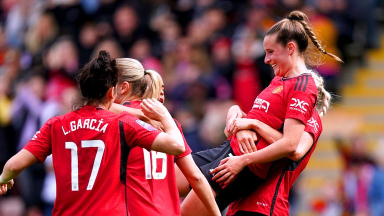 Ella Toone celebrates one of her goals as Man Utd come from behind to beat Everton