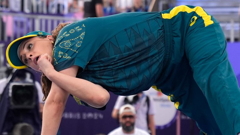 Australia's Rachael Gunn, known as B-Girl Raygun, competes during the Round Robin Battle at the breaking competition at La Concorde Urban Park at the 2024 Summer Olympics, Friday, Aug. 9, 2024, in Paris, France. (AP Photo/Frank Franklin)