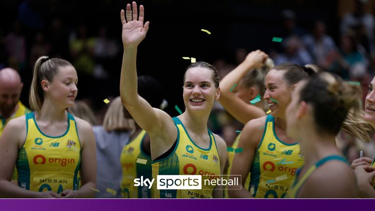 BENDIGO, AUSTRALIA - SEPTEMBER 25: Kiera Austin of Australia waves to fans after winning game three of the international series between Australia Diamonds and England Roses at Bendigo Stadium on September 25, 2024 in Bendigo, Australia. (Photo by Daniel Pockett/Getty Images)