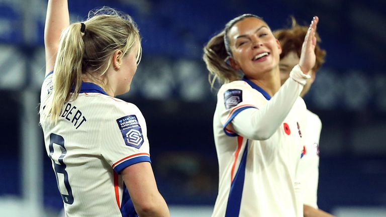 Erin Cuthbert (left) celebrates doubling Chelsea's lead