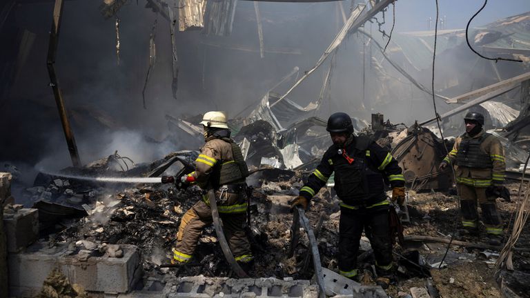 Pic: Reuters
Firefighters work at compound of a printworks hit by Russian missile strikes, amid Russia's attack on Ukraine, in Kharkiv, Ukraine May 23, 2024. REUTERS/Valentyn Ogirenko