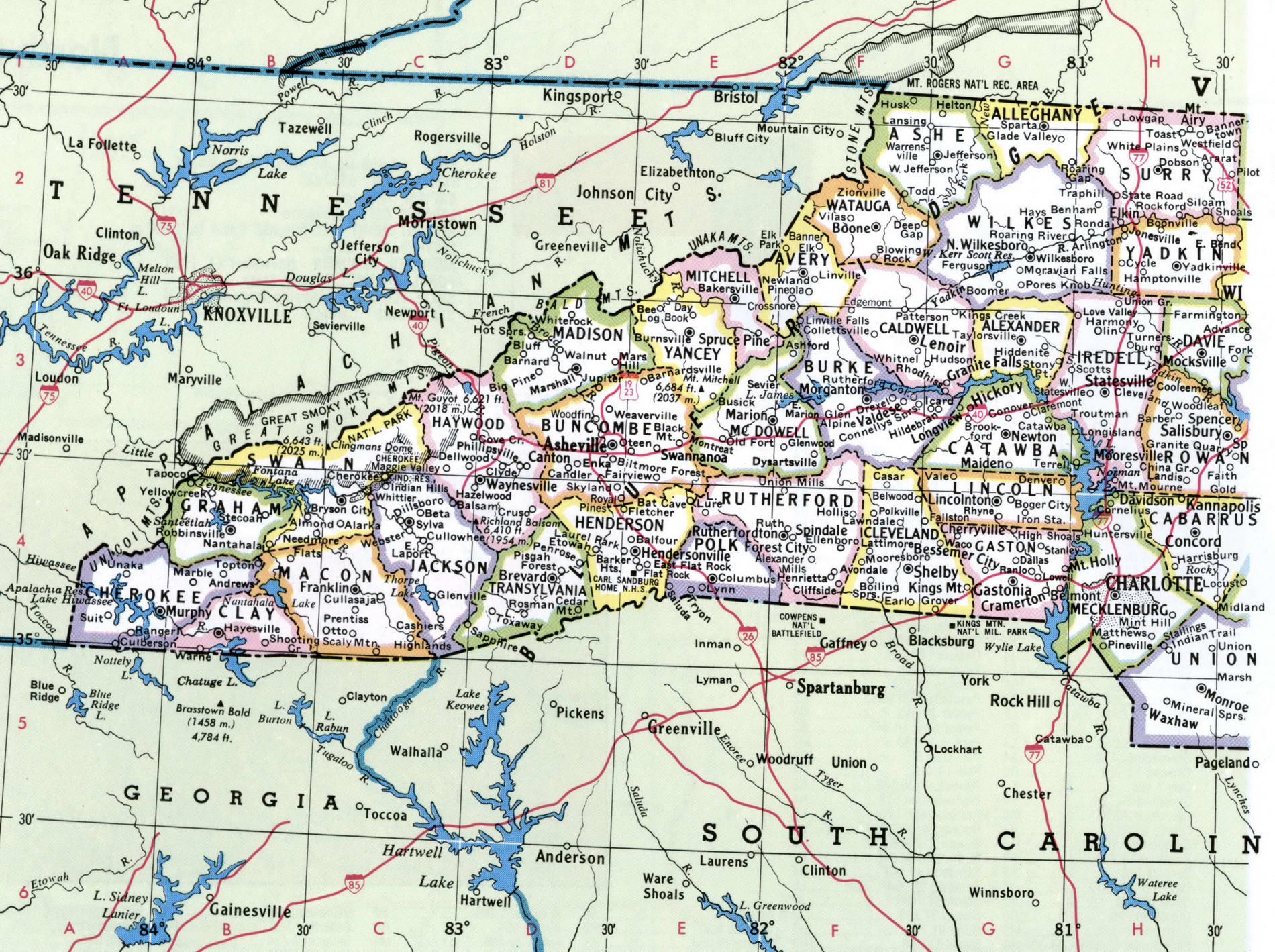 Map of North Carolina showing county with cities,road highways,counties