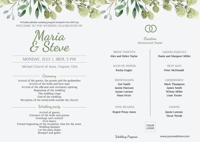 Editable tri fold wedding program template