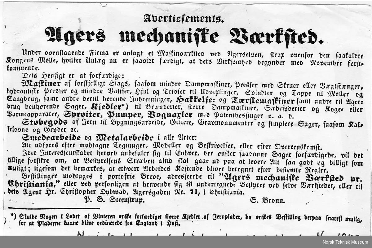 Akers mek. Verksted. Notis i Norsk Handelstidende, Kristiania 1.11.1842 vedrørende opprettelsen av Akers mek. Verksted