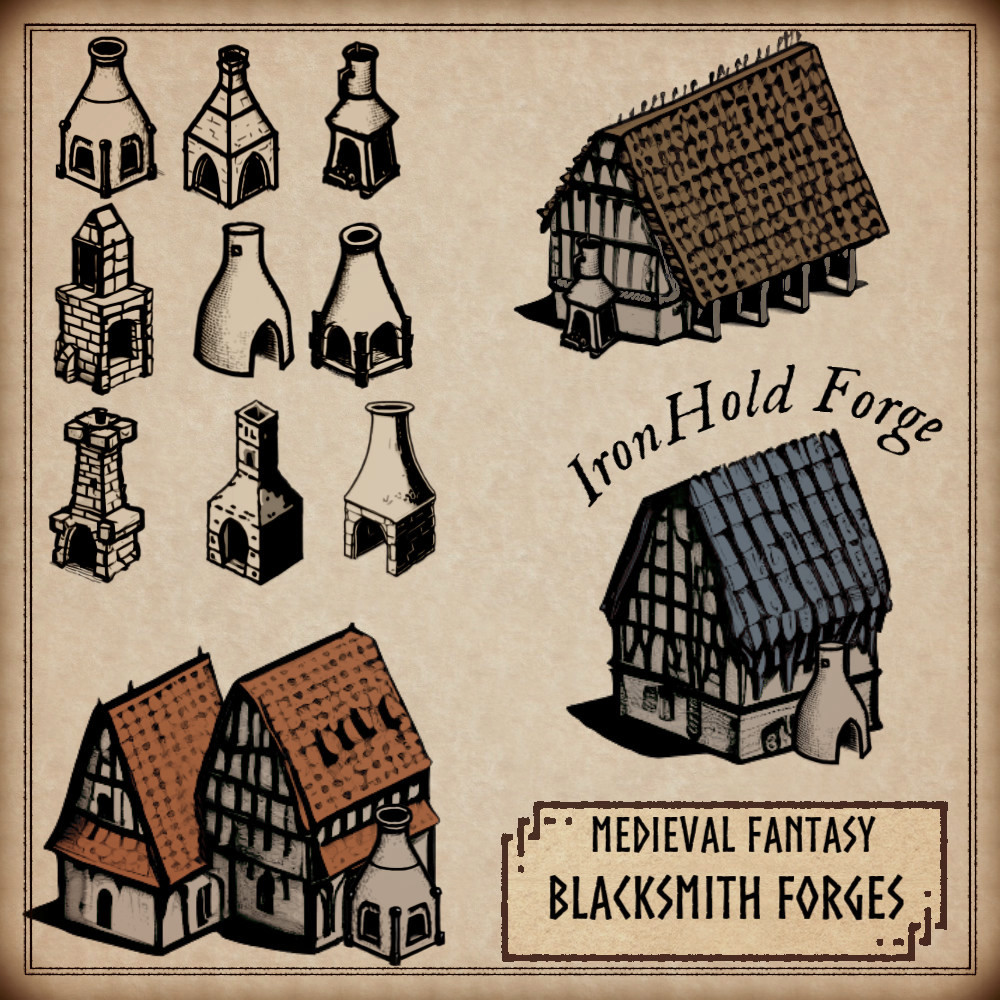 Medieval Fantasy Blacksmith Forges Pack : 27 vintage assets