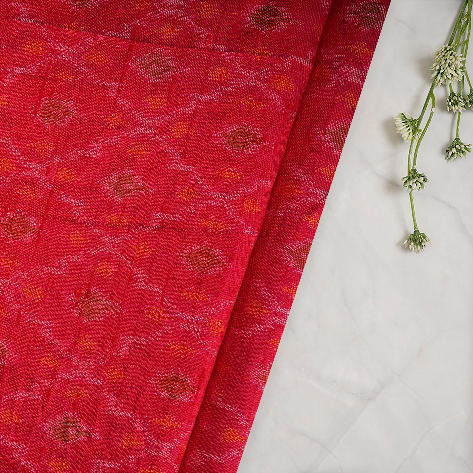 Red Handwoven Pure Dupion Silk Ikat Fabric