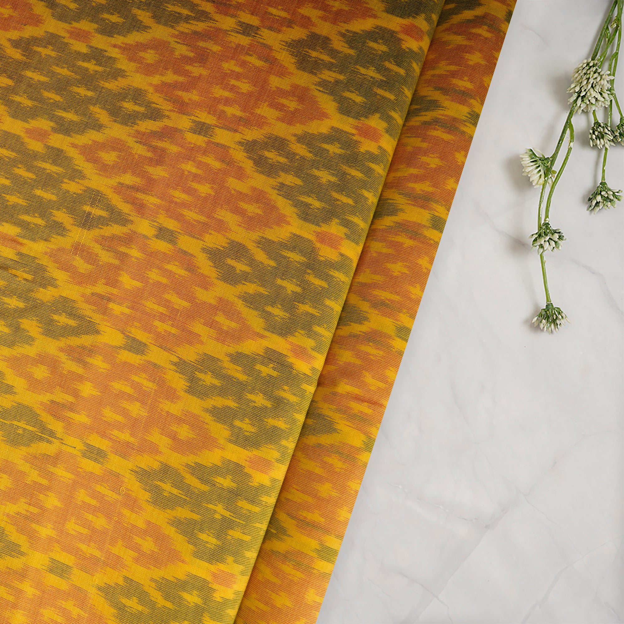 Yellow Handwoven Pure Silk-Cotton (Sico) Ikat Fabric