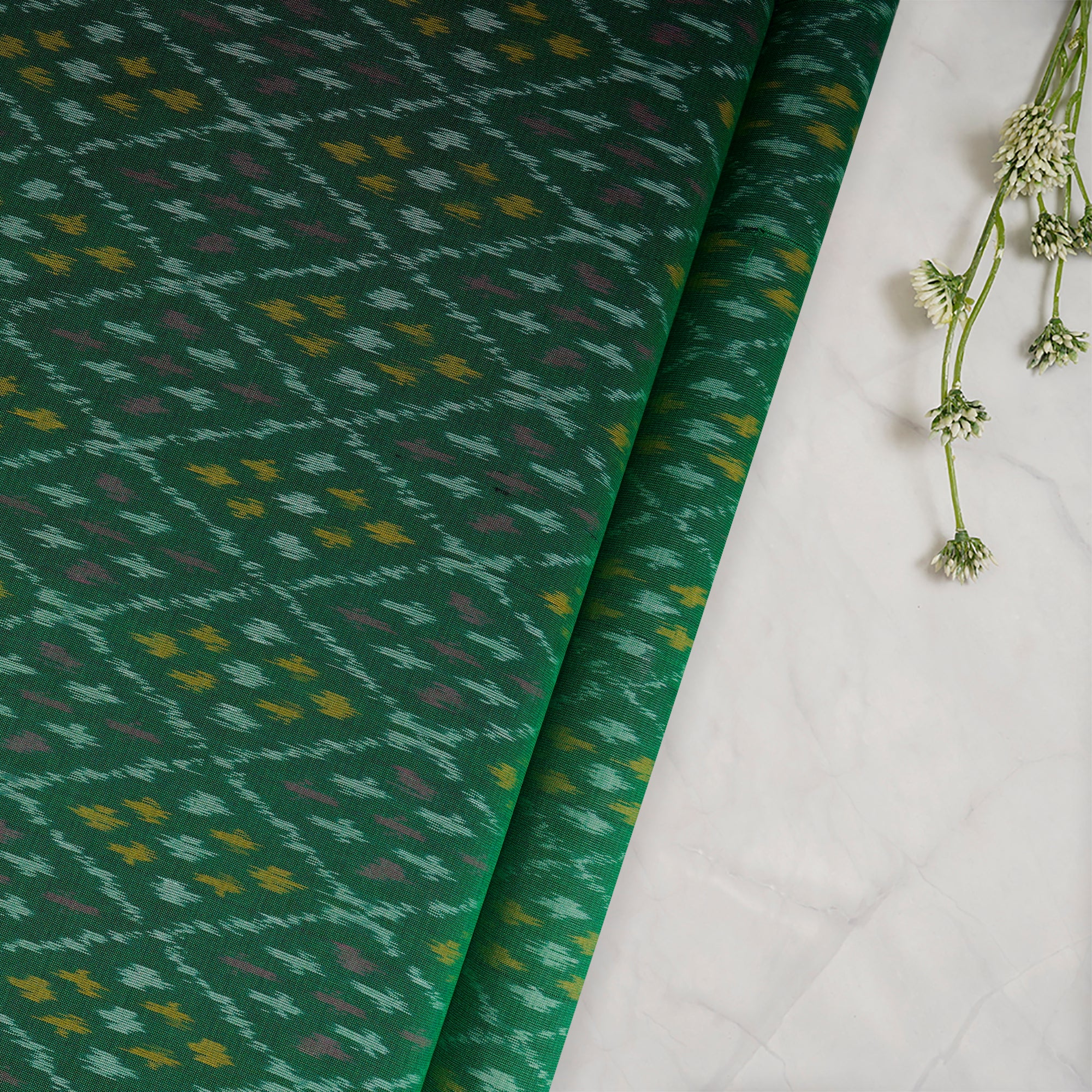 Deep Green Handwoven Pure Silk-Cotton (Sico) Ikat Fabric