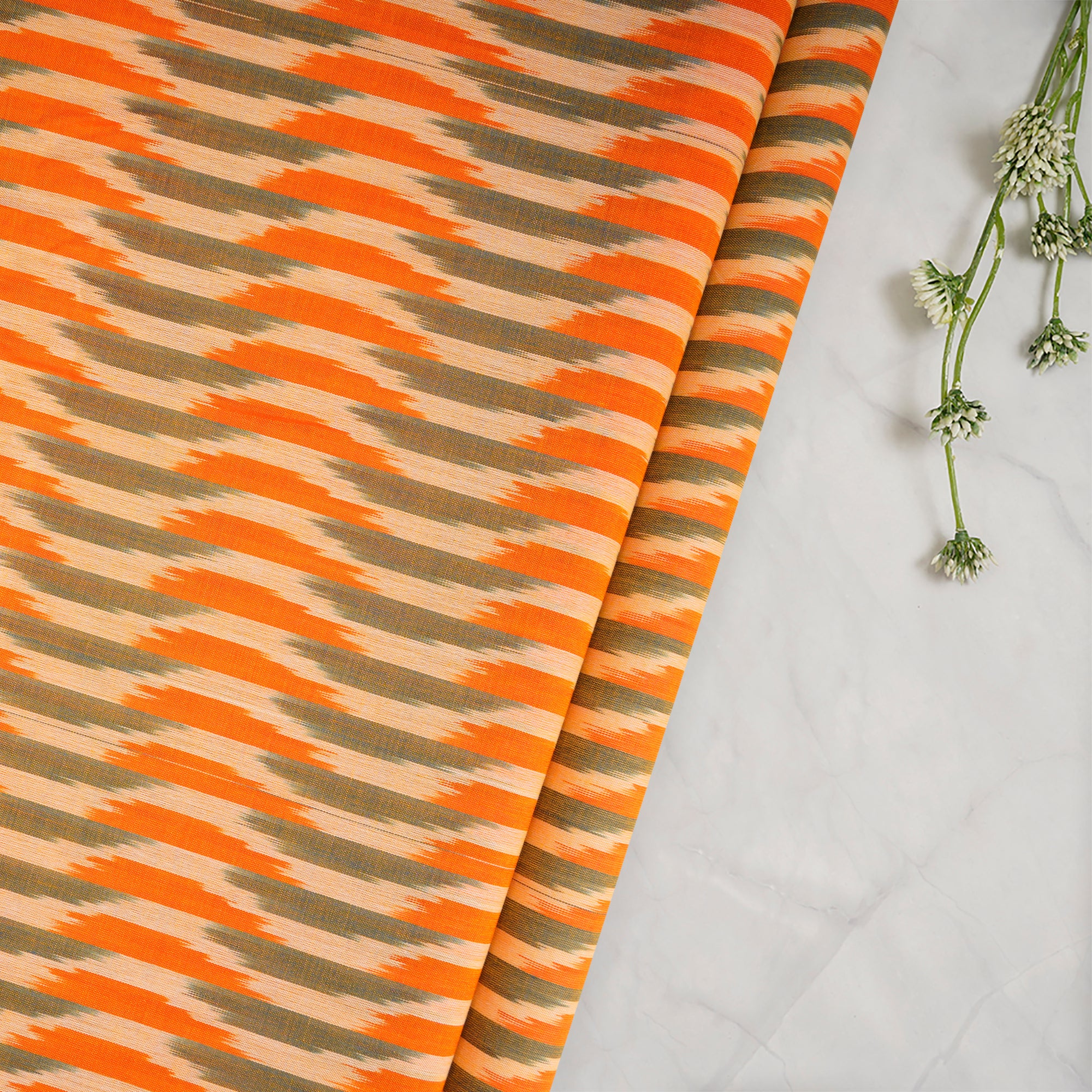 Orange Handwoven Mercerised Cotton Ikat Fabric (44" Width)