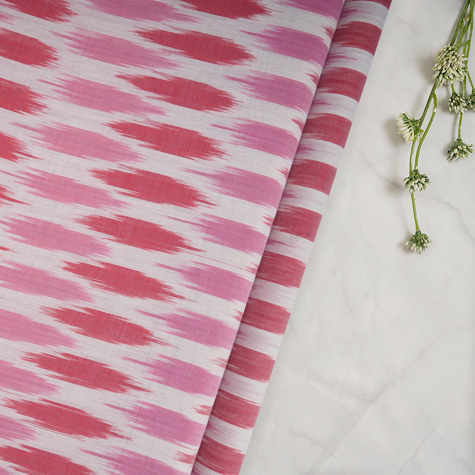 Light Pink Handwoven Mercerised Cotton Ikat Fabric (44" Width)