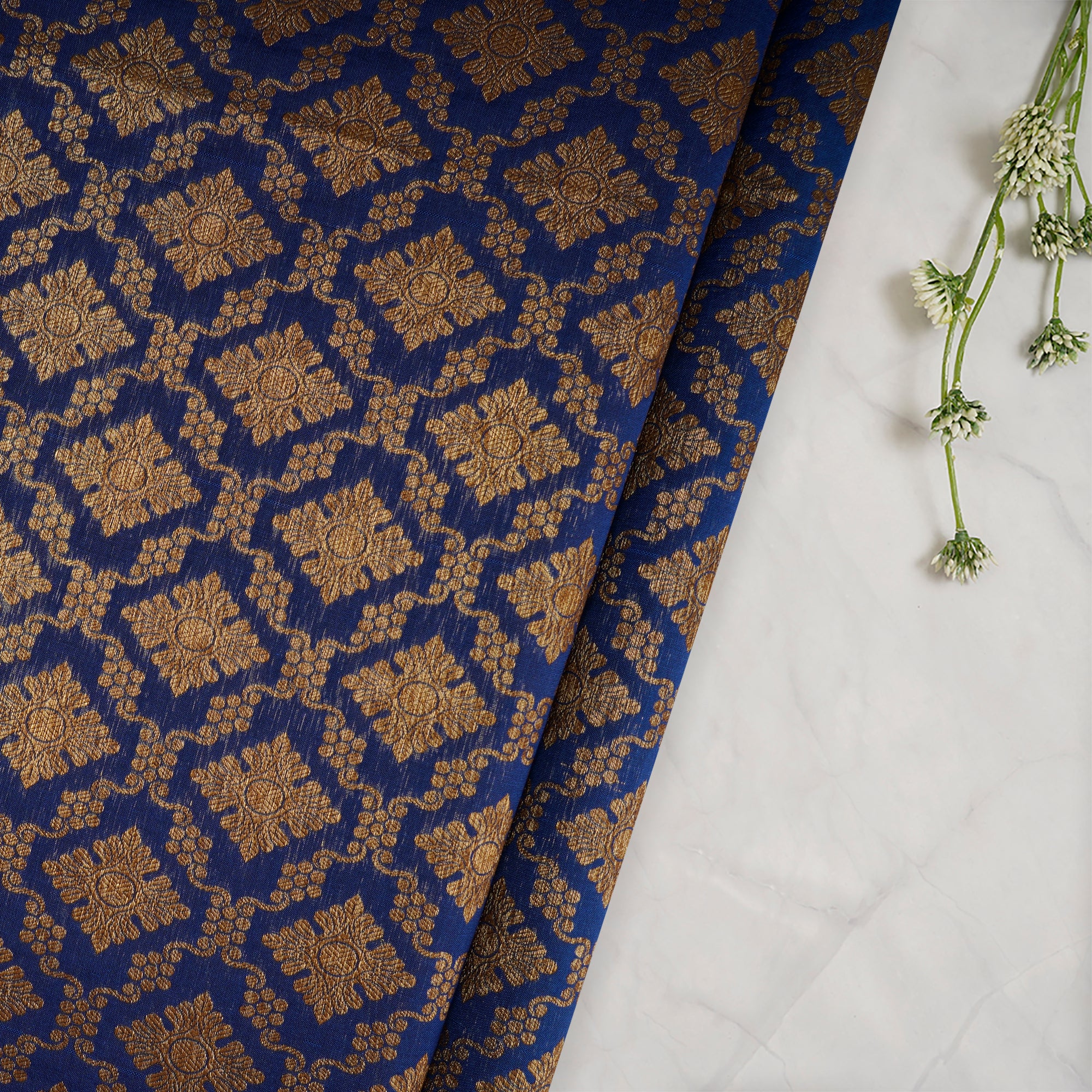 Dark Blue-Golden Color Handwoven Brocade Fabric