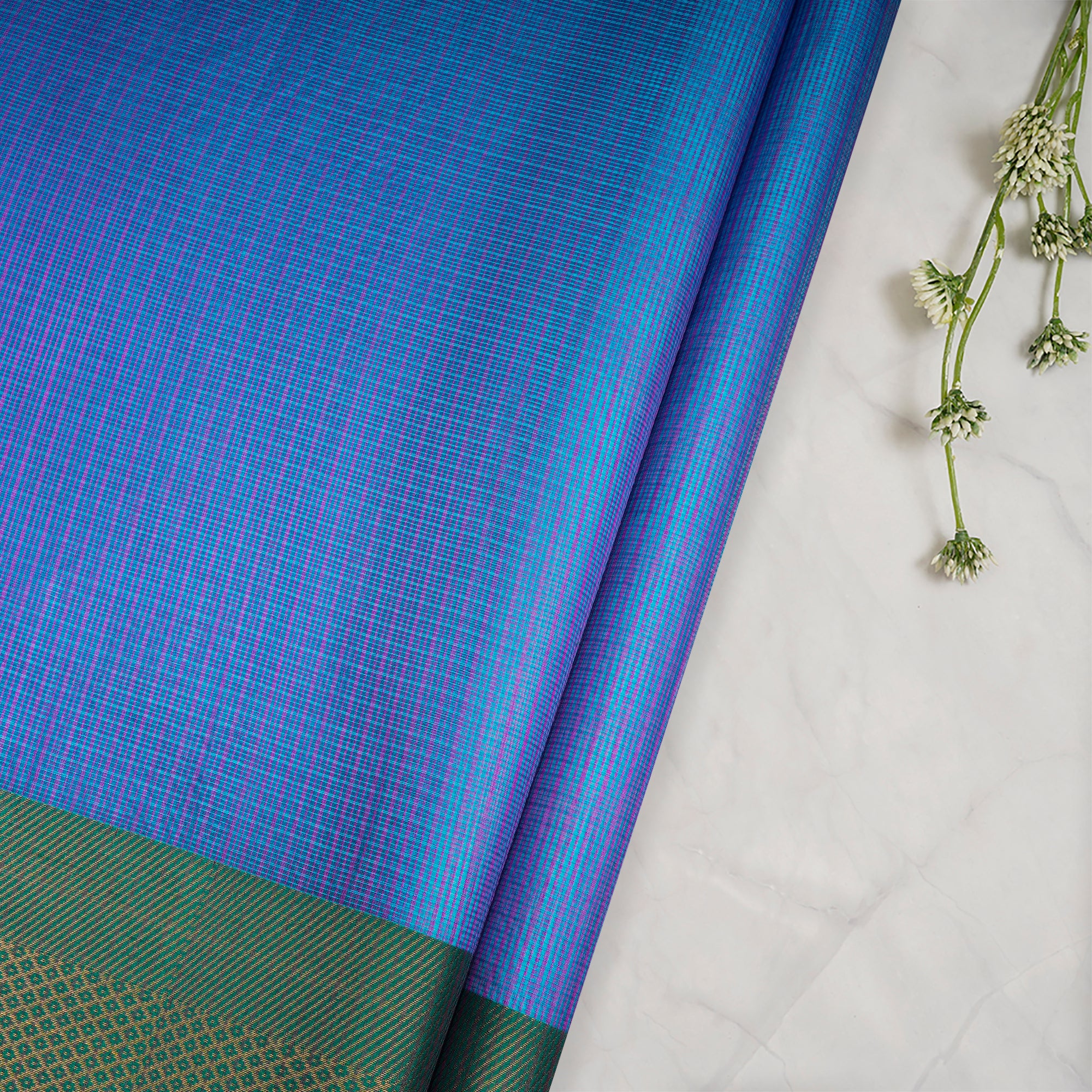 Blue-Pink Handwoven Kota Silk Fabric With Zari Border