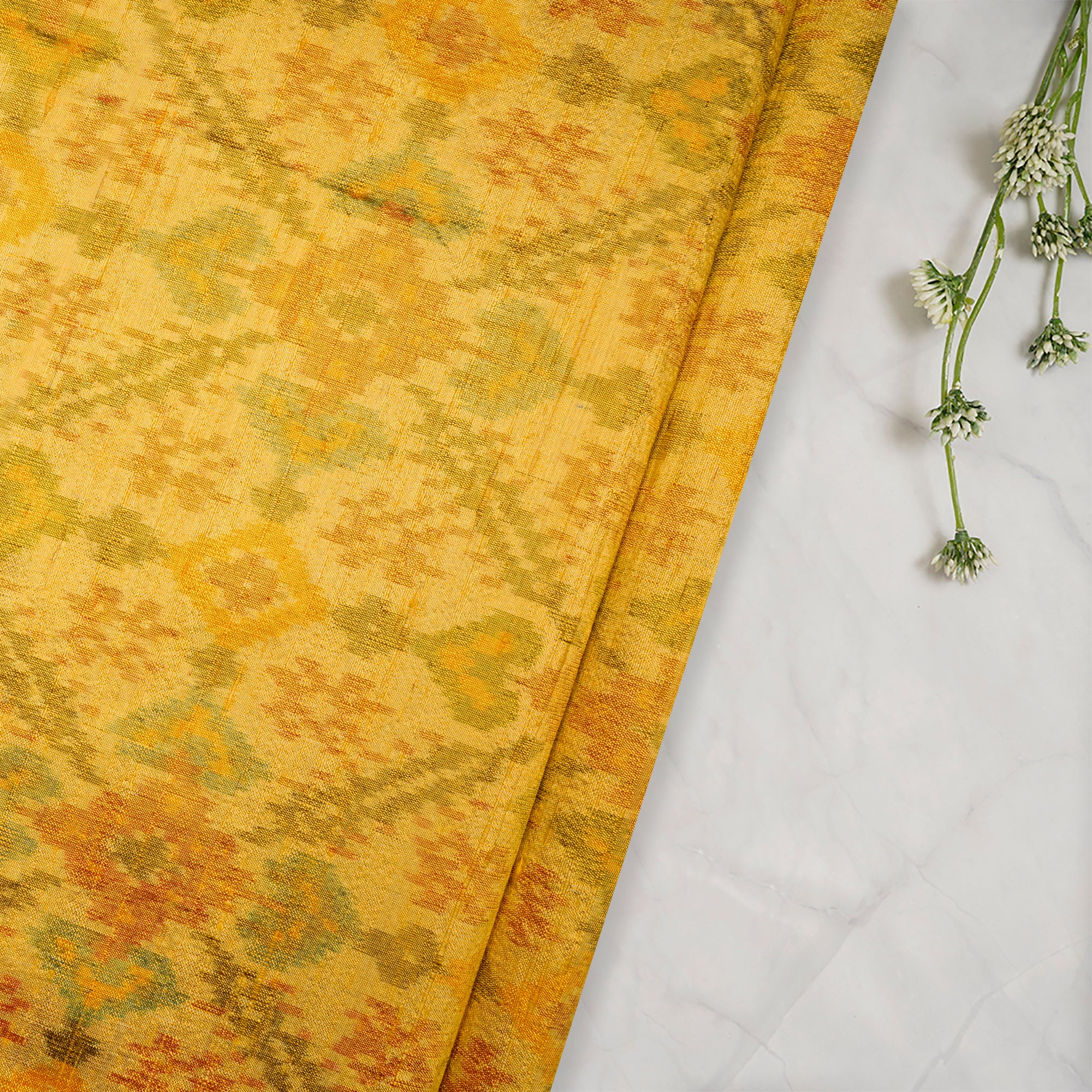 Yellow Handwoven Dupion Silk Ikat Fabric