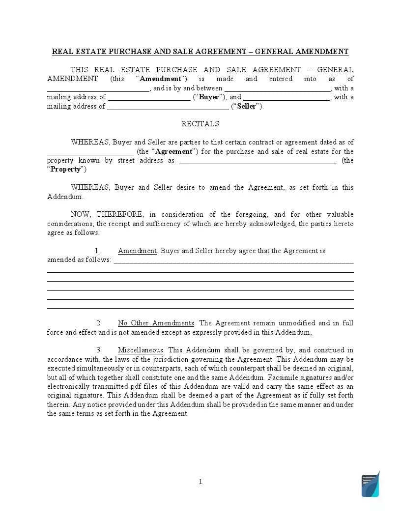 Contract Amendment Form | Amendment to Purchase Agreement