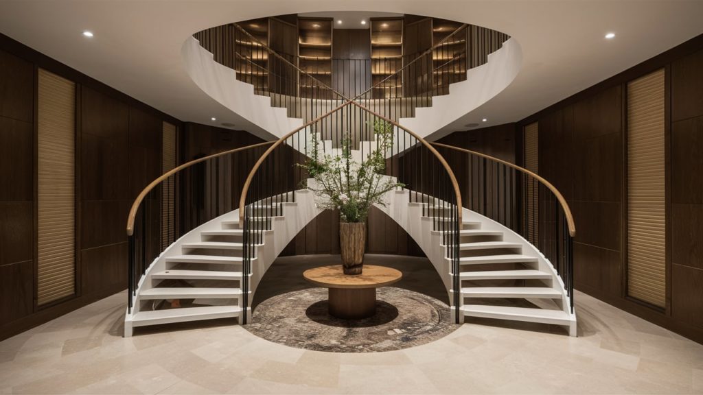 L-shaped staircase with white steps and dark wood railings.