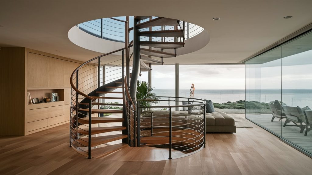 Spiral staircase with wooden steps and metal railings.