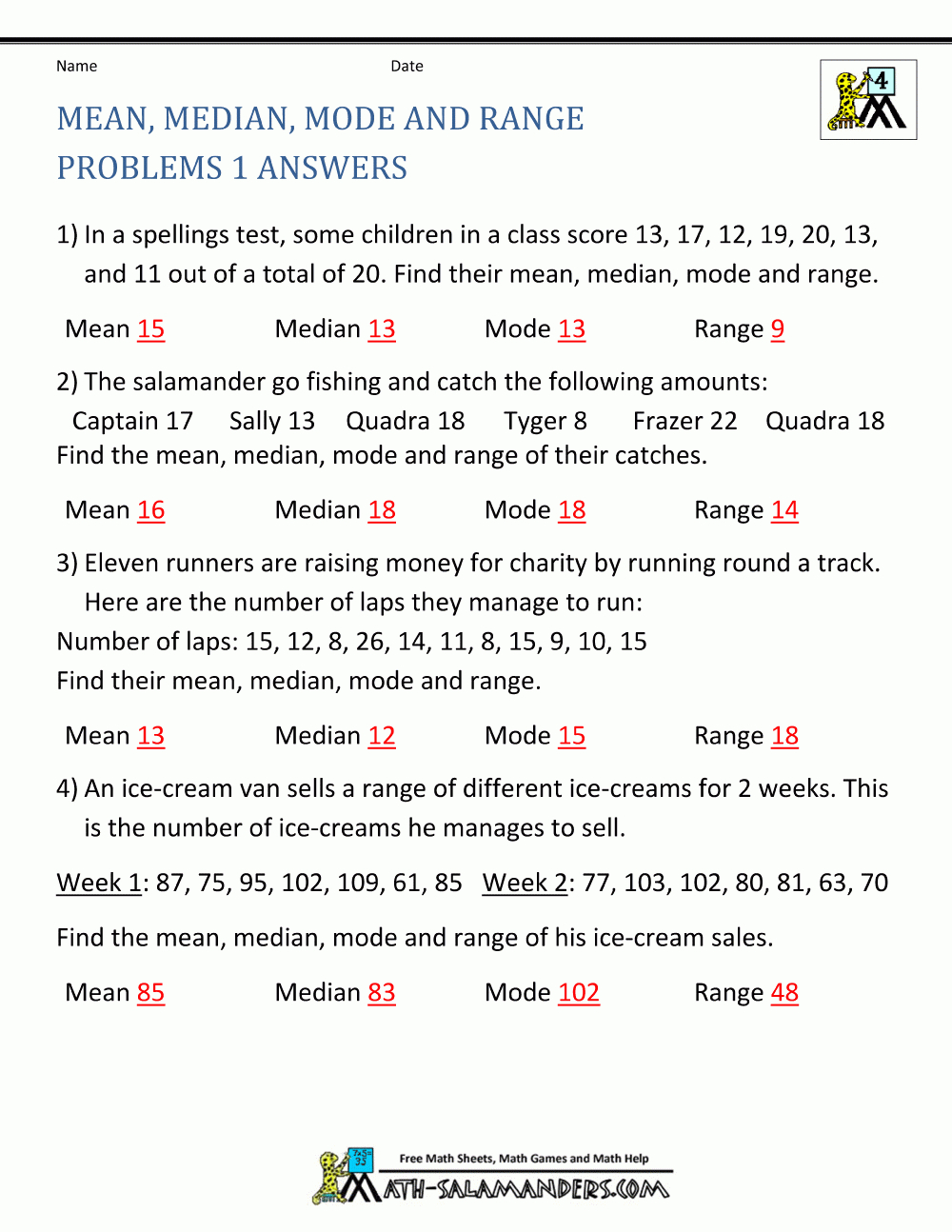 Mean Median Mode Range Worksheets - Free Printable Statistics ...