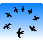 Black and white illustration of a small crows flying