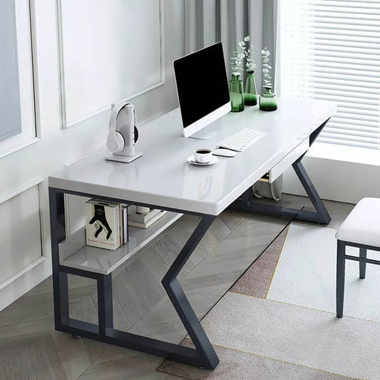 White Rectangular Writing Desk Computer Desk with Shelf & Keyboard Tray