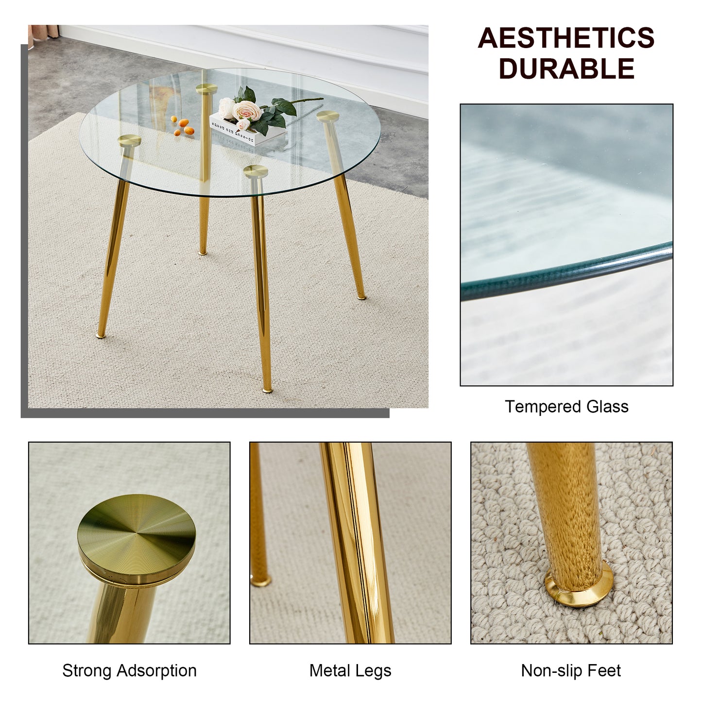 Elegant 40-Inch Round Glass Dining Table with Gold Plated Legs - Modern Minimalist Design