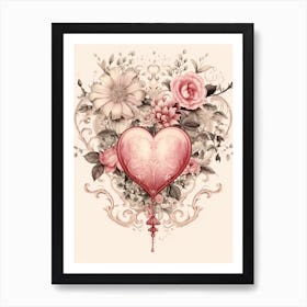 Floral Vintage Sepia Blush Pink Heart 1 Art Print