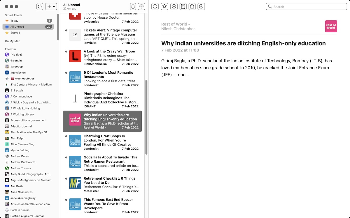 Screenshot of NetNewsWire running on my Mac