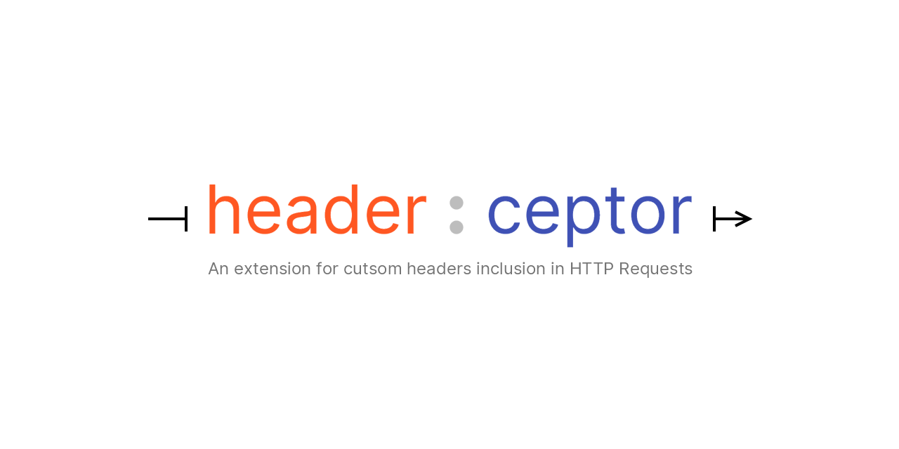 a mix of orange and violet color text, separated by a colon in light gray color, with a caption reading
                "An extension for custom headers inclusion in HTTP Requests" in light gray color.