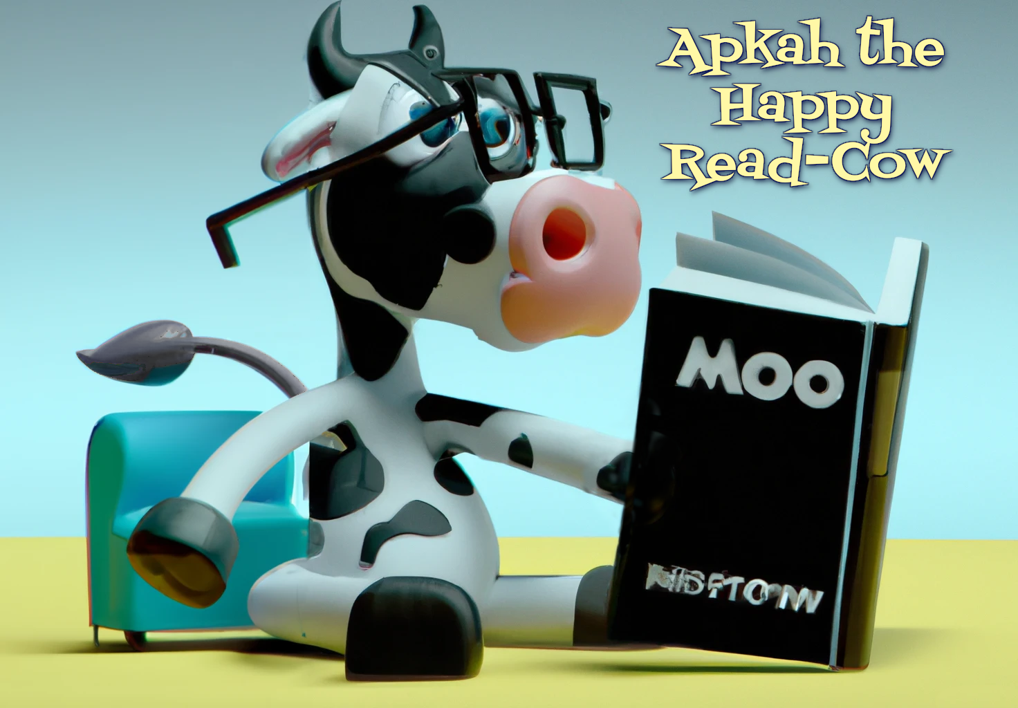 The light yellow headline in a fun angled font says Apkah the happy read cow and underneath is a cute 3-D cartoonish cow with thick black frame glasses reading a book entitled MOO