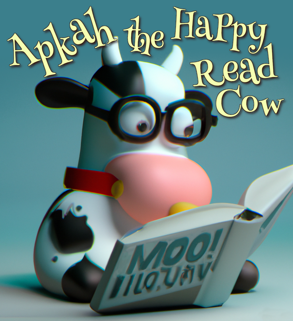 The light yellow headline in a fun curvy font says Apkah the happy read cow and underneath is a cute 3-D cartoonish cow with thick black frame glasses reading a book entitled MOO!