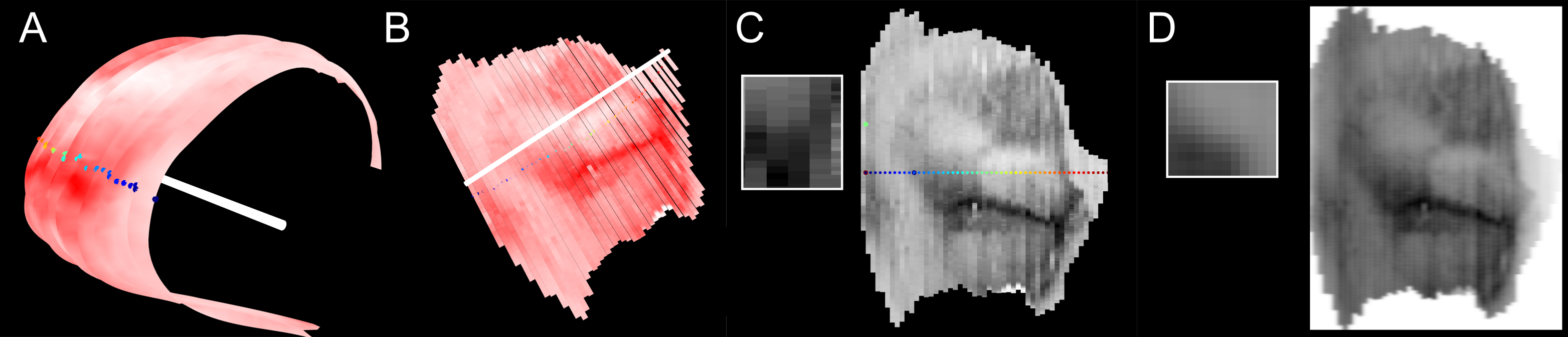 A series of images showing a 3D surface being unwrapped to give a 2D map