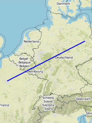 Map with Line from Berlin to Paris