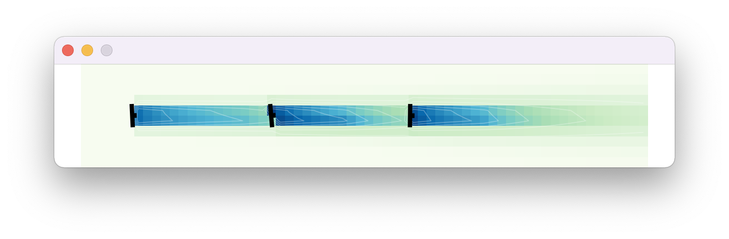 A simulation of an overhead view of a wind farm