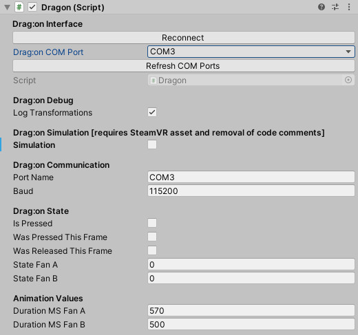 Screenshot of the Dragon.cs script Unity Editor interface