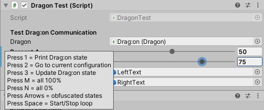 Screenshot of the DragonTest.cs script Unity Editor interface