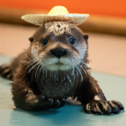 A cute baby sea otter wearing a large sombrero