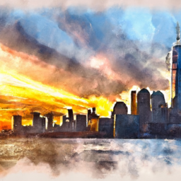A skyline view of New York during the sunset, watercolor