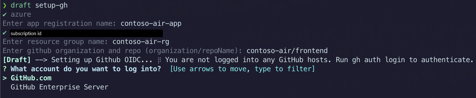 screenshot of command line executing "draft setup-gh" showing the prompt "Which account do you want to log into?" with two options "Github.com" and "Github Enterprise Server"