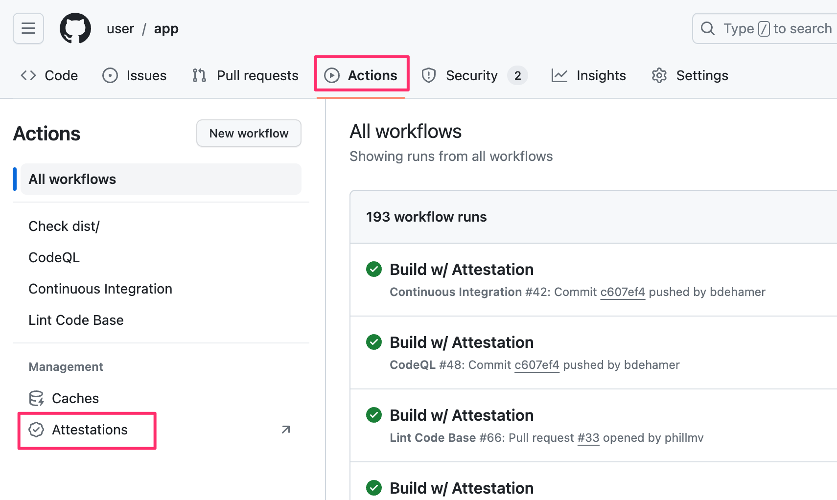 Actions summary view