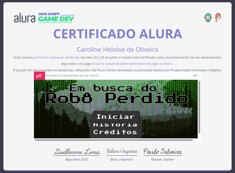 certificado imersão gamedev da Alura