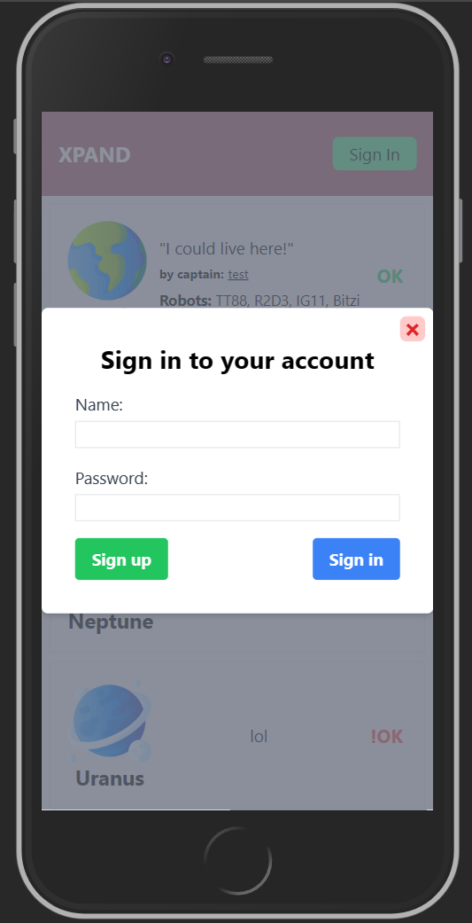 Login/signup modal