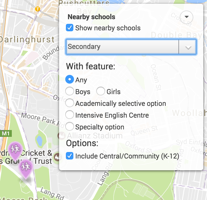 Screenshot of school control,switching which features of secondary schools to filter by