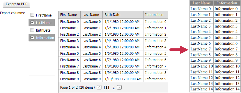 Export selected columns to PDF