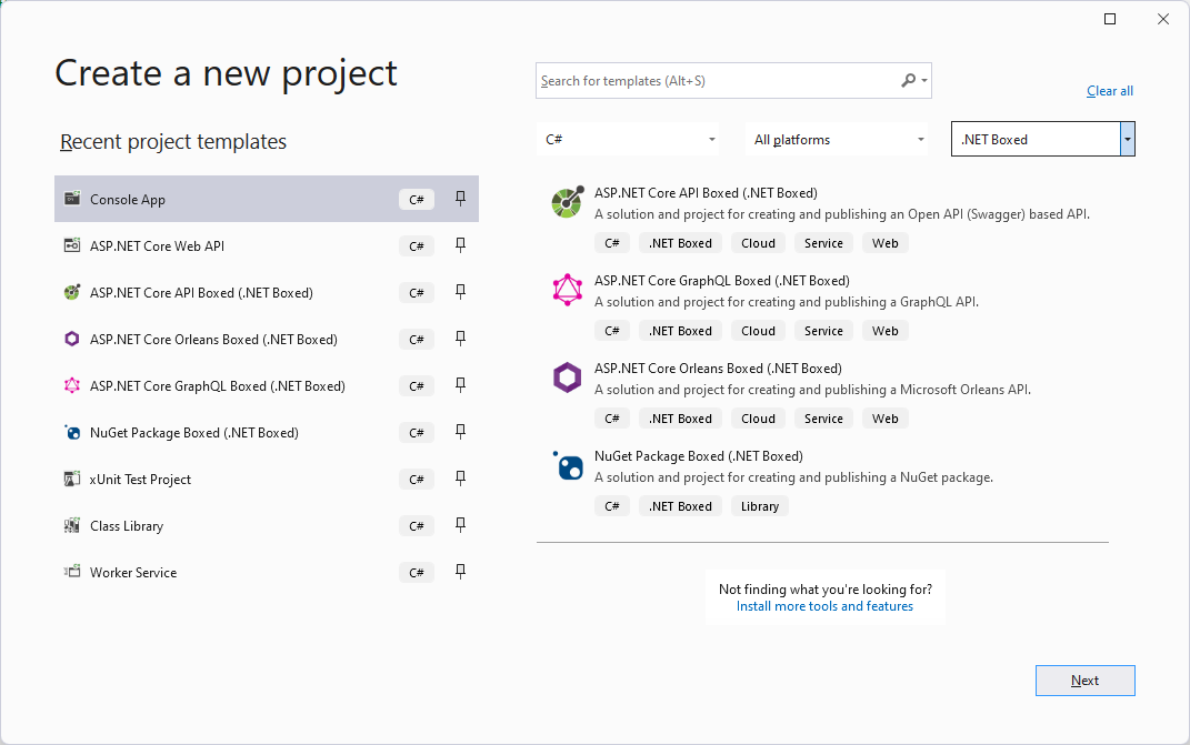 Visual Studio New Project Dialogue