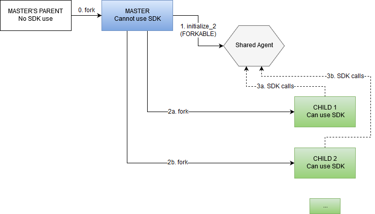 Diagram showing how to pre-initialize the SDK in the parent/master process and double forking