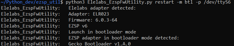 Elelabs Zigbee EZSP utility restart bootloader