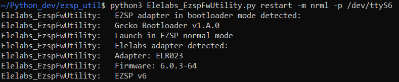 Elelabs Zigbee EZSP utility restart normal