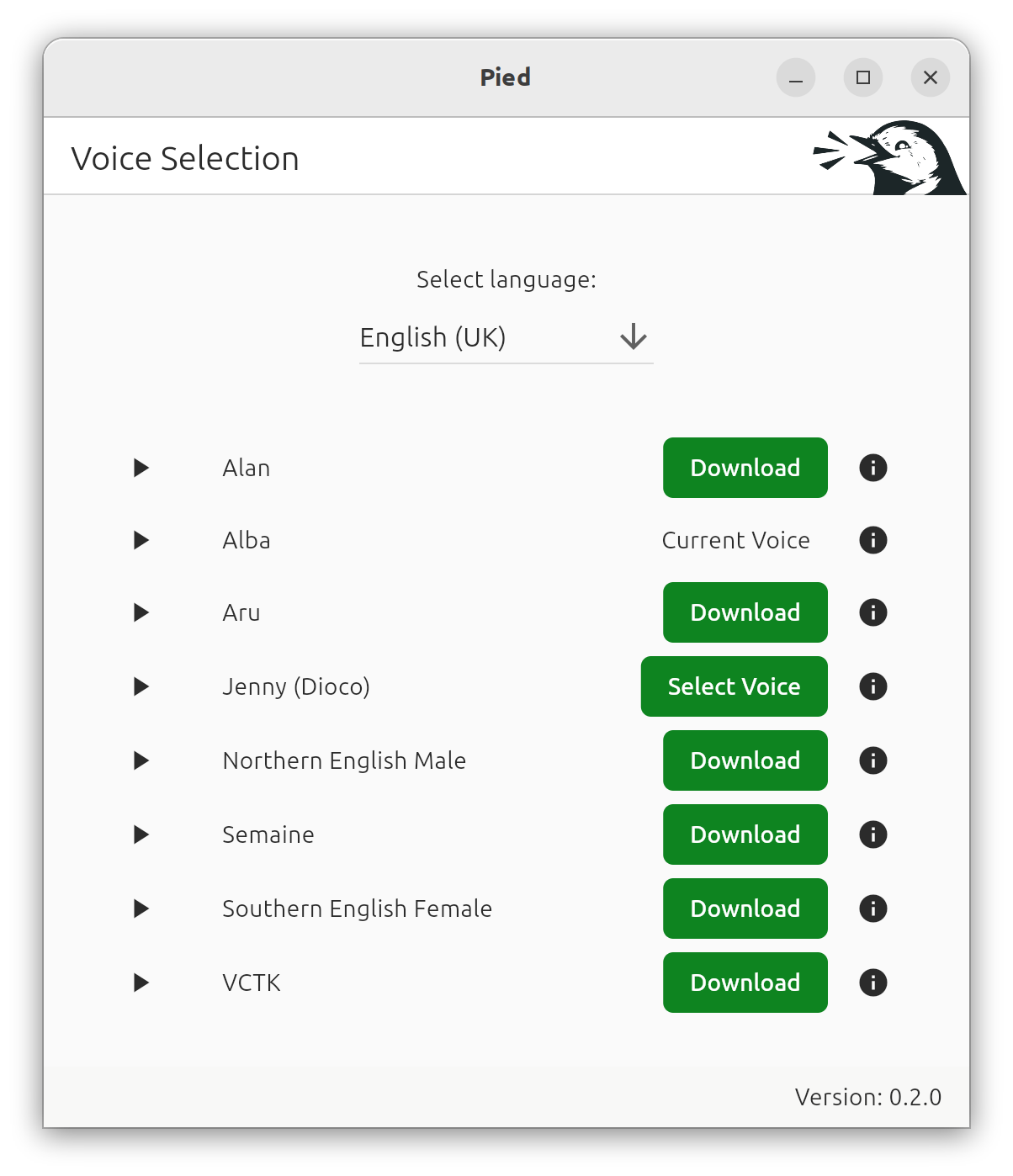 A screenshot showing the voice selection page in Pied