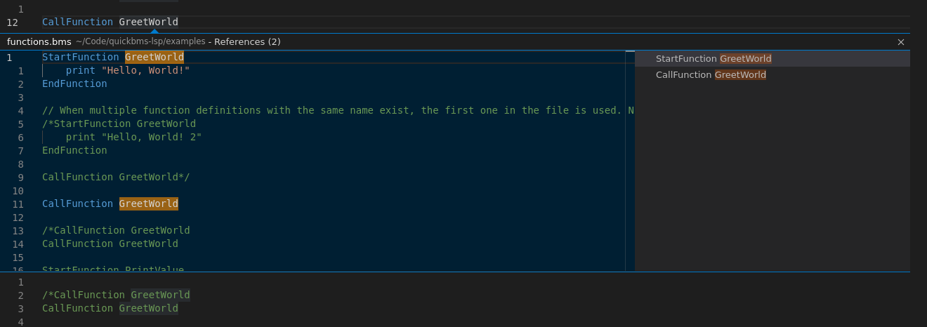 An example of the goto references function for a "GreetWorld" function being shown in Visual Studio Code for a functions example script.
